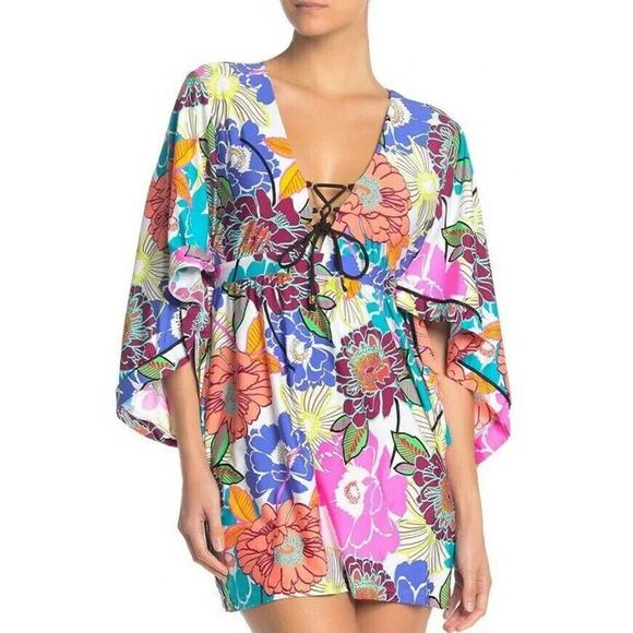 Trina Turk Mini Dress Radiant Blooms Floral Stretch Jersey Cover Up Tuni… - Picture 1 of 7
